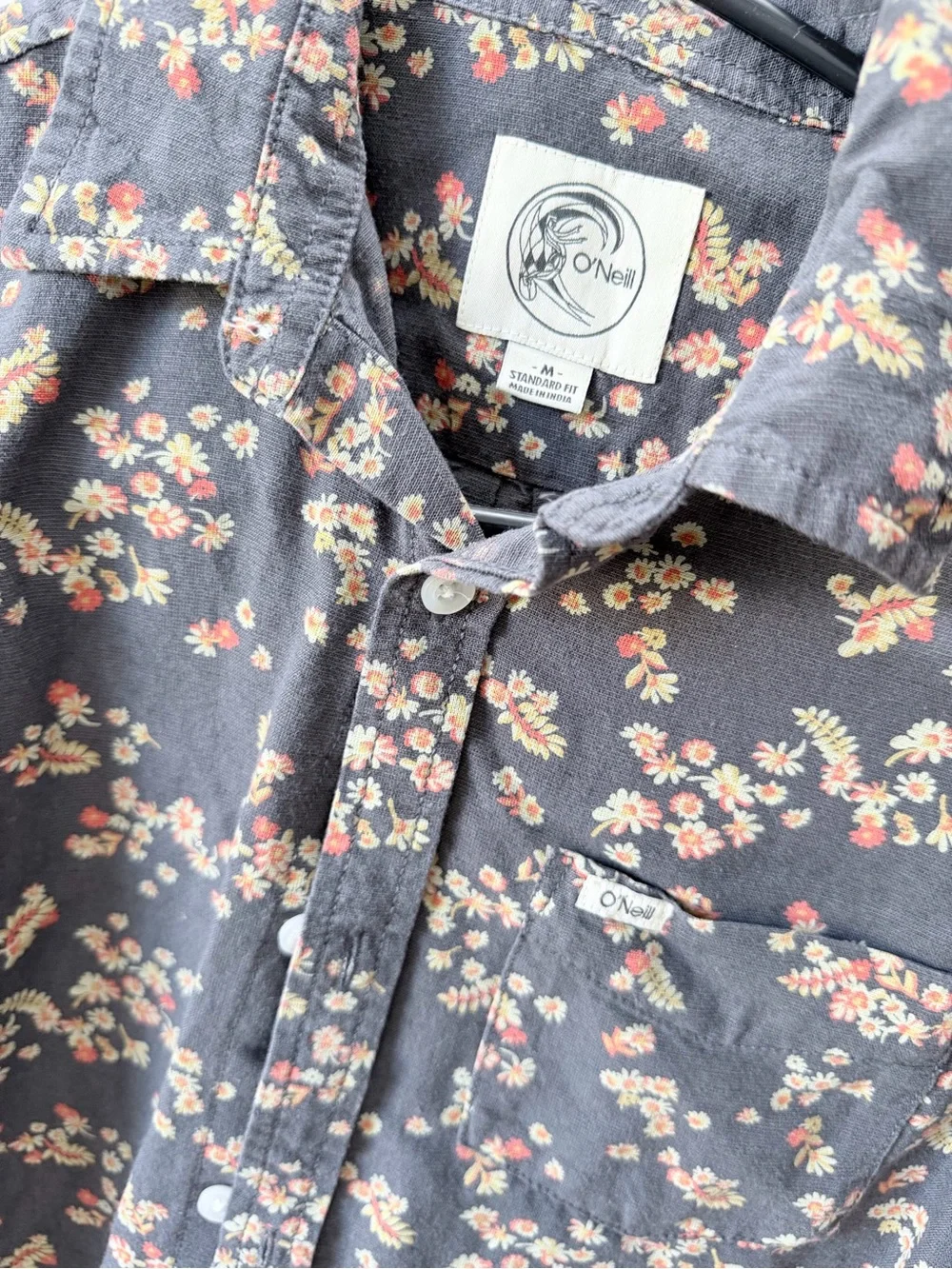 O'Neill Charcoal Short-Sleeve Button-Up with Pink Floral Pattern